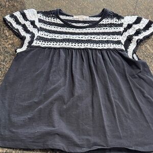 LOFT Black Top with White Crochet Stripe Yoke